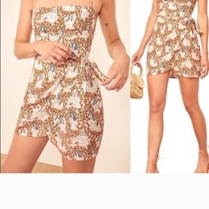 Reformation Strapless Floral Wrap Mini Dress in Cream and Brown Size 2